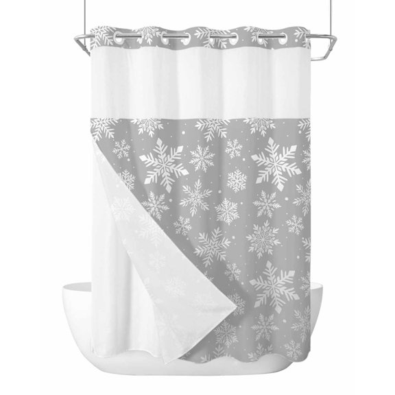 No Hook Shower Curtains with Snap-in Liner Set, Grey White Snowflake Christmas Waterproof Hotel Style Bathroom Shower Curtain, Winter Xmas Snowflakes Mesh Top Window Bath Curtains 60''x72''