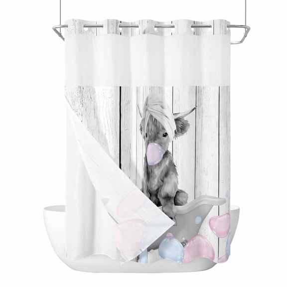 No Hook Shower Curtains with Snap-in Liner Set, Grey Yak Waterproof Hotel Style Bathroom Shower Curtain, Pink Blue Bubbles Bathtub Vintage Wooden Breathable Mesh Top Window Bath Curtains 72''x84''