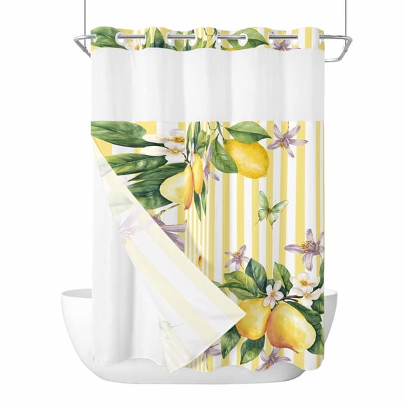 No Hook Shower Curtains with Snap-in Liner Set, Lemon Flower Waterproof Hotel Bathroom Shower Curtain, Yellow Vertical Stripes Butterfly Farmhouse Breathable Mesh Top Window Bath Curtains 72''x84''