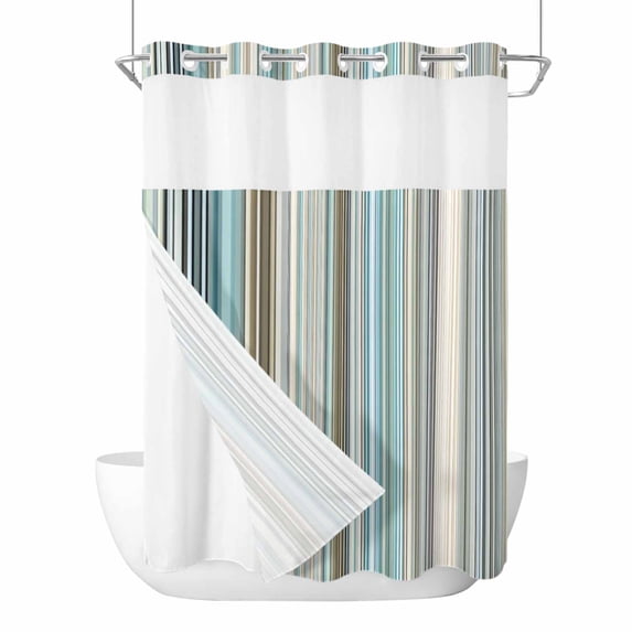 No Hook Shower Curtains with Snap-in Liner Set, Light Blue Striped Waterproof Hotel Style Bathroom Shower Curtain, Farmhouse Thin Line Modern Abstract Art Breathable Mesh Top Bath Curtains 48''x72''