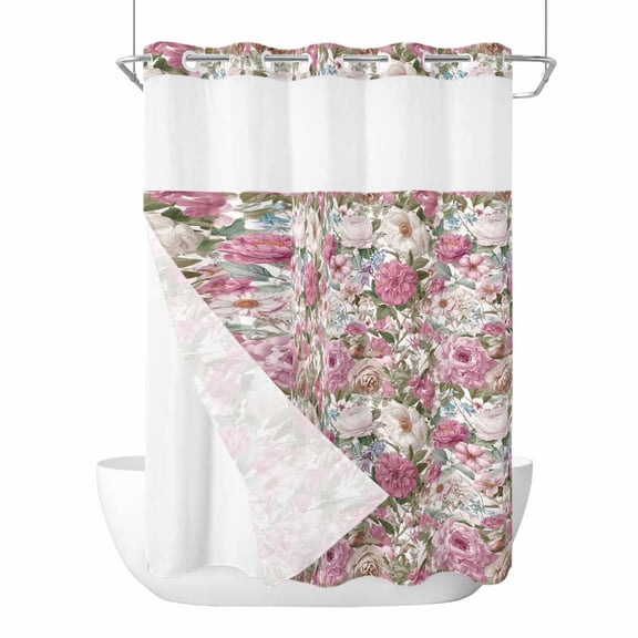 No Hook Shower Curtains with Snap-in Liner Set, Light Pink Spring Floral Waterproof Hotel Style Bathroom Shower Curtain, Vintage Summer Botanical Breathable Mesh Top Window Bath Curtains 72''x84''