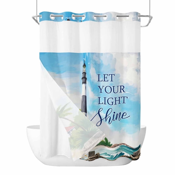 No Hook Shower Curtains with Snap-in Liner Set, Lighthouse Waterproof Hotel Bathroom Shower Curtain, Blue Coastal Nautical Ocean Beach Palm Tree Breathable Mesh Top Window Bath Curtains 72''x84''