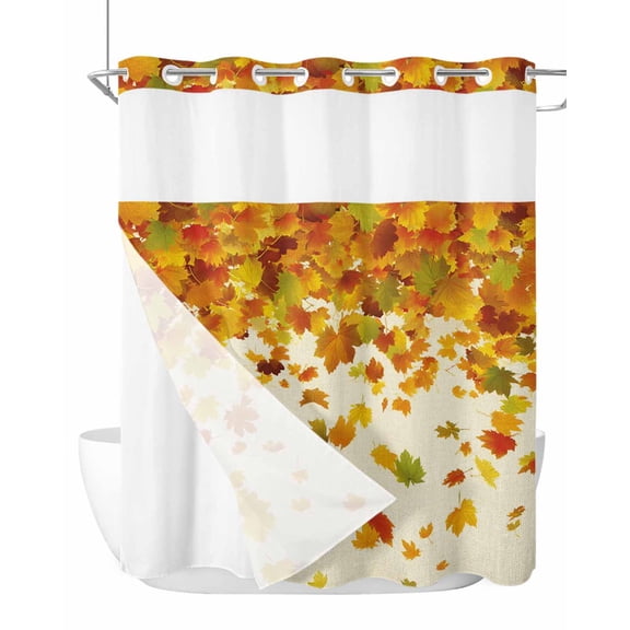 No Hook Shower Curtains with Snap-in Liner Set, Maple Leaf Fall Waterproof Hotel Style Bathroom Shower Curtain, Thanksgiving Fallen Leaves Autumn Rustic Mesh Top Window Bath Curtains 72''x72''