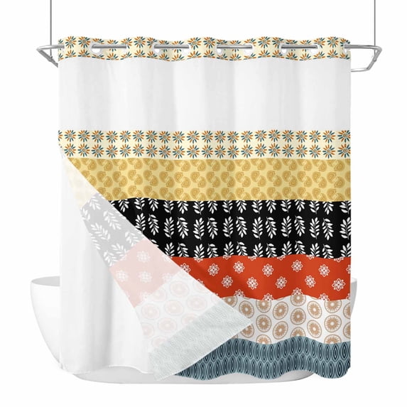 No Hook Shower Curtains with Snap-in Liner Set, Modern Bohemian Waterproof Hotel Style Bathroom Shower Curtain, Colorful Minimalist Abstract Paisley Boho Breathable Mesh Top Bath Curtains 66''x72''