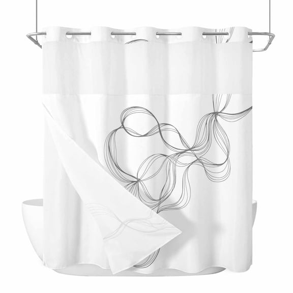 No Hook Shower Curtains with Snap-in Liner Set, Modern White Waterproof Hotel Style Bathroom Shower Curtain, Minimalist Abstract Ribbon A Sketch Rt Breathable Mesh Top Window Bath Curtains 66''x72''