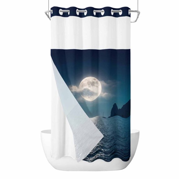 No Hook Shower Curtains with Snap-in Liner Set, Moonlight Sea Night Waterproof Hotel Style Bathroom Shower Curtain, Abstract Modern Art Ocean Cloud Breathable Mesh Top Window Bath Curtains 36''x72''