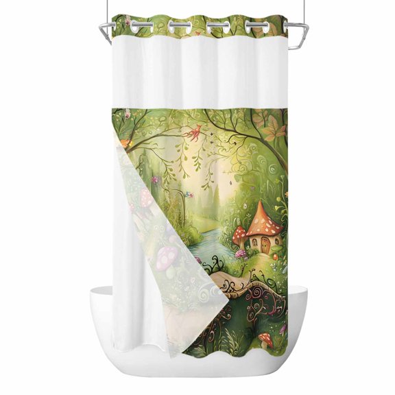 No Hook Shower Curtains with Snap-in Liner Set, Mushroom Forest Waterproof Hotel Bathroom Shower Curtain, Green Fantasy Cottage Vintage Plant Lake Breathable Mesh Top Window Bath Curtains 36''x72''