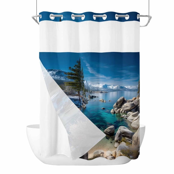 No Hook Shower Curtains with Snap-in Liner Set, Nature Forest Waterproof Hotel Style Bathroom Shower Curtain, Blue Sky Mountain Stone Lake Landscape Breathable Mesh Top Window Bath Curtains 72''x84''