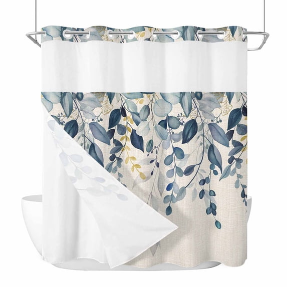 No Hook Shower Curtains with Snap-in Liner Set, Navy Blue Eucalyptus Waterproof Hotel Style Bathroom Shower Curtain, Farmhouse Weeping Leaves Linen Breathable Mesh Top Window Bath Curtains 66''x72''