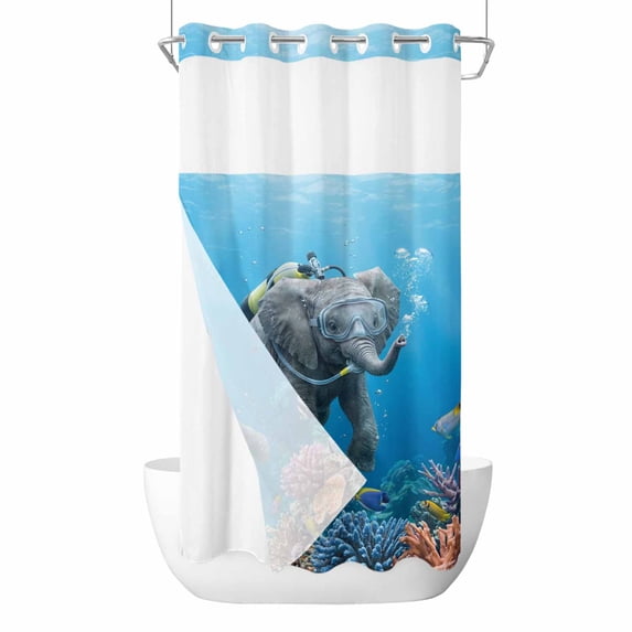 No Hook Shower Curtains with Snap-in Liner Set, Ocean Diving Elephant Waterproof Hotel Style Bathroom Shower Curtain, Blue Coastal Coral Fish Marine Life Breathable Mesh Top Bath Curtains 36''x72''