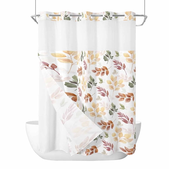 No Hook Shower Curtains with Snap-in Liner Set, Orange Green Yellow Botanical Waterproof Hotel Style Bathroom Shower Curtain, Fall Maple Leaf Breathable Mesh Top Window Bath Curtains 48''x72''