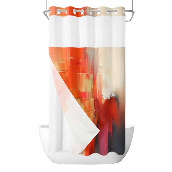 No Hook Shower Curtains with Snap-in Liner Set, Orange Red Brown Waterproof Hotel Bathroom Shower Curtain, Abstract Modern Oil Painting Street Art Breathable Mesh Top Window Bath Curtains 36''x72''