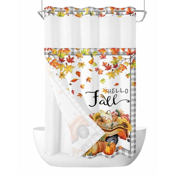 No Hook Shower Curtains with Snap-in Liner Set, Orange Thanksgiving Waterproof Hotel Style Bathroom Shower Curtain, Fall Gray Plaid Truck Pumpkins Leaves Retro Mesh Top Window Bath Curtains 36''x72''