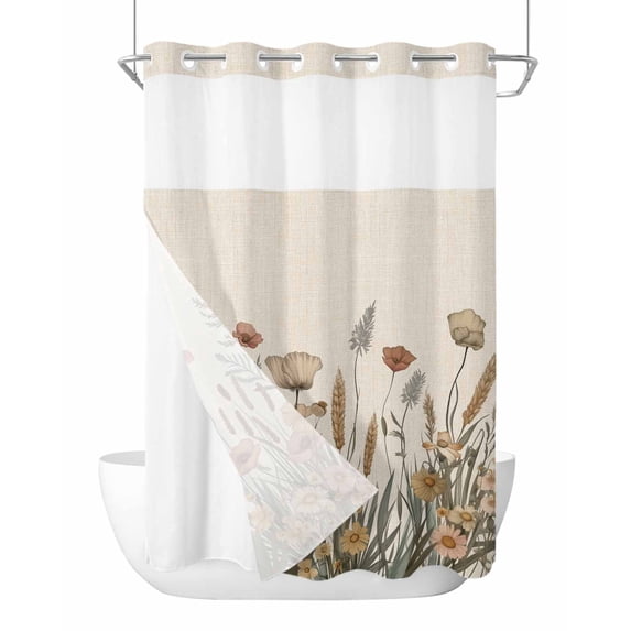 No Hook Shower Curtains with Snap-in Liner Set, Pastoral Botanical Waterproof Hotel Style Bathroom Shower Curtain, Farmhouse Floral Rustic Breathable Mesh Top Window Bath Curtains 72''x84''