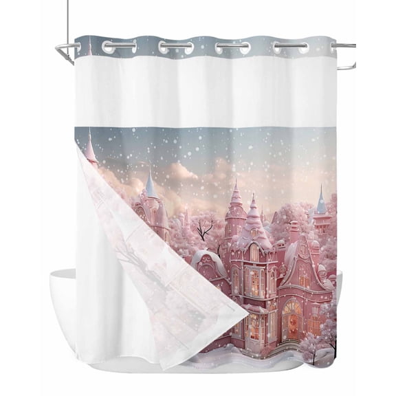 No Hook Shower Curtains with Snap-in Liner Set, Pink Christmas Waterproof Hotel Style Bathroom Shower Curtain, Pink Xmas House Winter Snowflake Breathable Mesh Top Window Bath Curtains 72''x78''