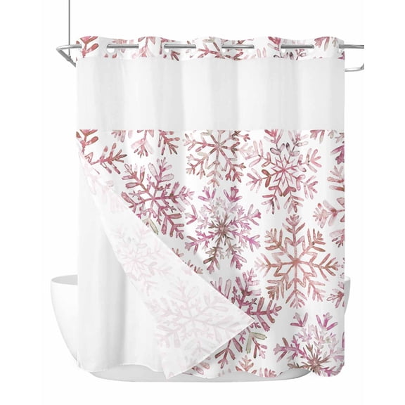 No Hook Shower Curtains with Snap-in Liner Set, Pink Red Snowflake Christmas Waterproof Hotel Style Bathroom Shower Curtain, Xmas Snowflake Breathable Mesh Top Window Bath Curtains 72''x72''