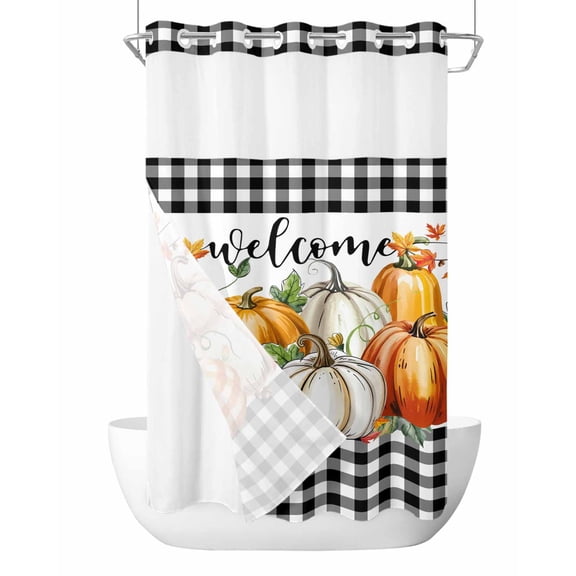 No Hook Shower Curtains with Snap-in Liner Set, Pumpkins Thanksgiving Waterproof Hotel Style Bathroom Shower Curtain, Fall Black White Plaid Farmhouse Pumpkin Mesh Top Window Bath Curtains 36''x72''