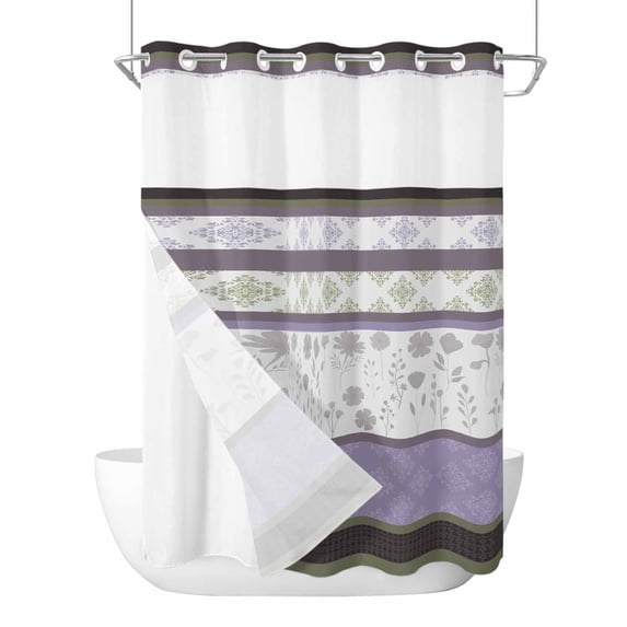 No Hook Shower Curtains with Snap-in Liner Set, Purple Geometric Waterproof Hotel Style Bathroom Shower Curtain, Stripes Boho Spring Flowers Country Rural Breathable Mesh Top Bath Curtains 60''x72''