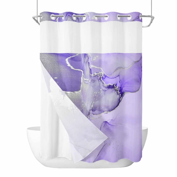 No Hook Shower Curtains with Snap-in Liner Set, Purple Marble Waterproof Hotel Bathroom Shower Curtain, Modern Abstract Waves Silvery Farmhouse Breathable Mesh Top Window Bath Curtains 60''x72''