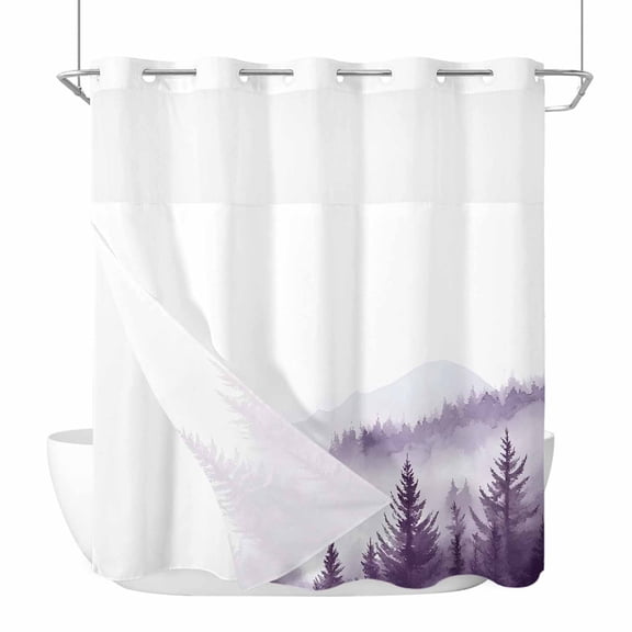 No Hook Shower Curtains with Snap-in Liner Set, Purple Mist Forest Waterproof Hotel Style Bathroom Shower Curtain, Simple Trees Mountains Landscape Breathable Mesh Top Window Bath Curtains 72''x78''