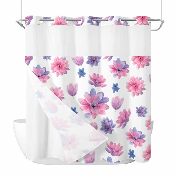 No Hook Shower Curtains with Snap-in Liner Set, Purple Pink Spring Floral Waterproof Hotel Style Bathroom Shower Curtain, Summer Botanical Flower Breathable Mesh Top Window Bath Curtains 66''x72''