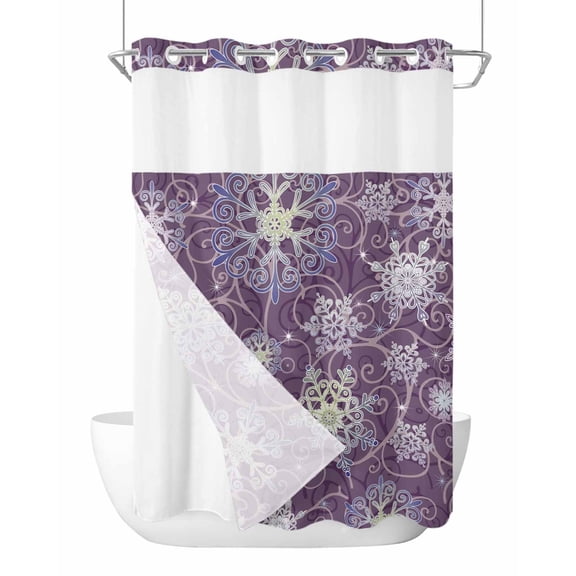 No Hook Shower Curtains with Snap-in Liner Set, Purple Snowflake Christmas Waterproof Hotel Style Bathroom Shower Curtain, Xmas Snowflake Winter Breathable Mesh Top Window Bath Curtains 48''x72''