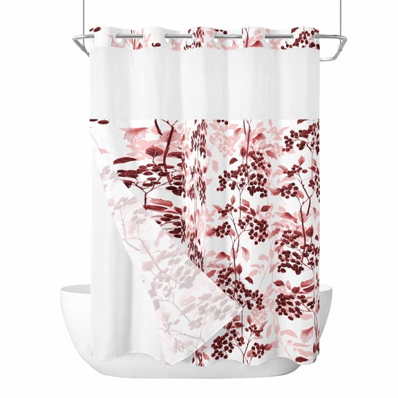 No Hook Shower Curtains with Snap-in Liner Set, Red Botanical Waterproof Hotel Style Bathroom Shower Curtain, Vintage Nature Flower Floral Breathable Mesh Top Window Bath Curtains 72''x84''