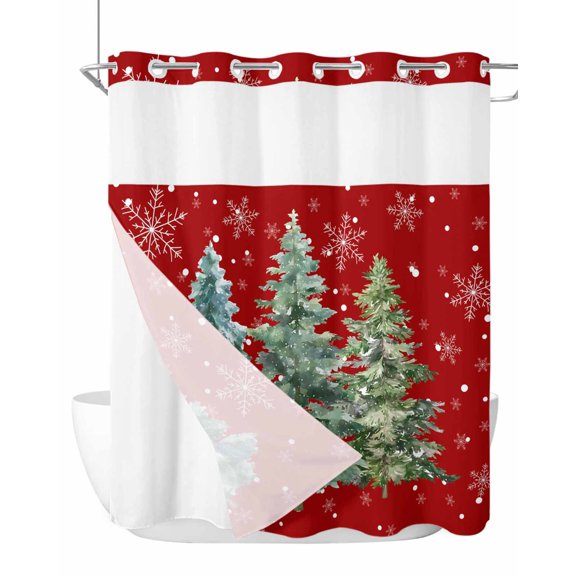 No Hook Shower Curtains with Snap-in Liner Set, Red Christmas Tree Waterproof Hotel Style Bathroom Shower Curtain, Xmas Trees Snowflake Winter Breathable Mesh Top Window Bath Curtains 72''x72''