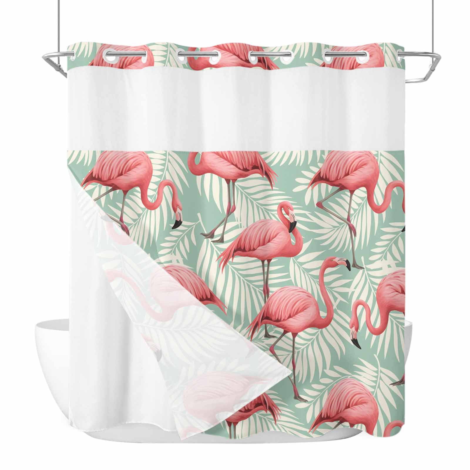 No Hook Shower Curtains with Snap-in Liner Set, Red Flamingo Waterproof ...