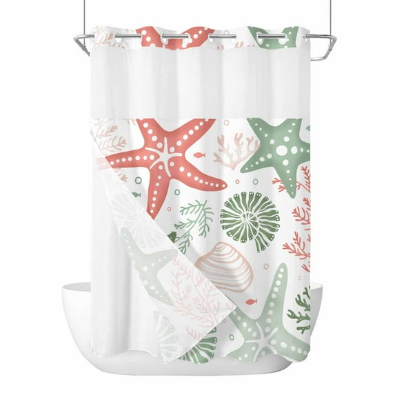 No Hook Shower Curtains with Snap-in Liner Set, Red Sage Green Starfish Coastal Waterproof Hotel Style Bathroom Shower Curtain, Beach Nautical Coral Sea Mesh Top Window Bath Curtains 60''x72''