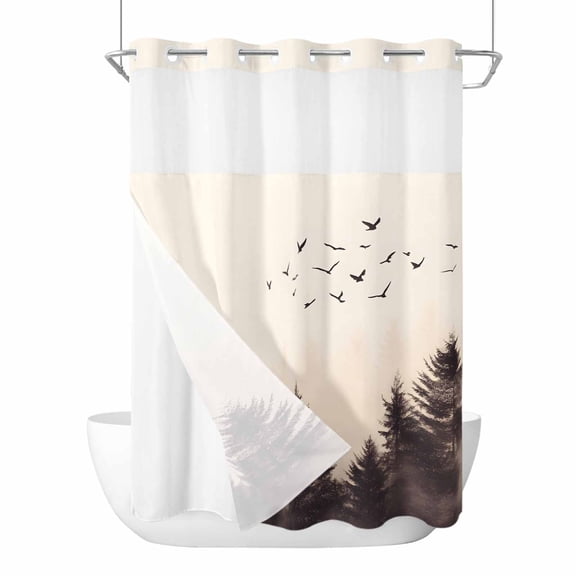 No Hook Shower Curtains with Snap-in Liner Set, Rustic Mist Forest Waterproof Hotel Bathroom Shower Curtain, Vintage Watercolor Natural Landscape Breathable Mesh Top Window Bath Curtains 72''x84''