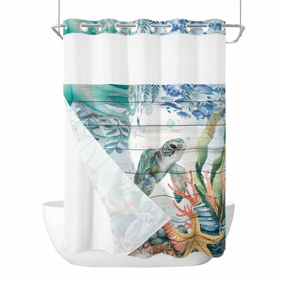 No Hook Shower Curtains with Snap-in Liner Set, Sea Turtle Coastal Waterproof Hotel Style Bathroom Shower Curtain, Summer Nautical Starfish Coral Grey Wooden Mesh Top Bath Curtains 48''x72''