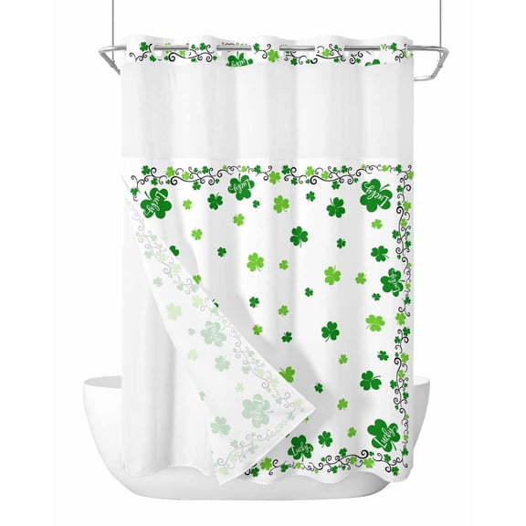No Hook Shower Curtains with Snap-in Liner Set, Shamrocks, Waterproof Hotel Style Bathroom Shower Curtain, Saint Patricks Day Green Green White Breathable Mesh Top Window Bath Curtains 72''x84''
