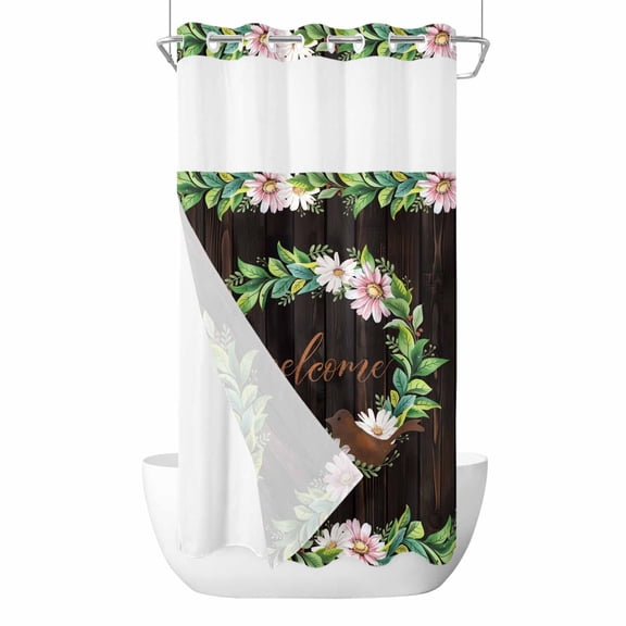 No Hook Shower Curtains with Snap-in Liner Set, Spring Botanical Waterproof Hotel Style Bathroom Shower Curtain, Garden Birds Floral Leaves Brown Wood Breathable Mesh Top Bath Curtains 36''x72''