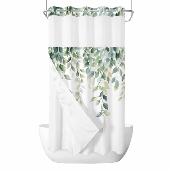 No Hook Shower Curtains with Snap-in Liner Set, Spring Eucalyptus Leaves Waterproof Hotel Style Bathroom Shower Curtain, Botanical Weeping Summer Breathable Mesh Top Window Bath Curtains 36''x72''