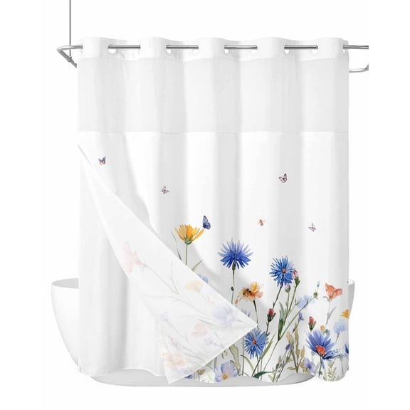 No Hook Shower Curtains with Snap-in Liner Set, Spring Floral Waterproof Hotel Style Bathroom Shower Curtain, Elegant Butterfly Summer Botanical Breathable Mesh Top Window Bath Curtains 72''x78''