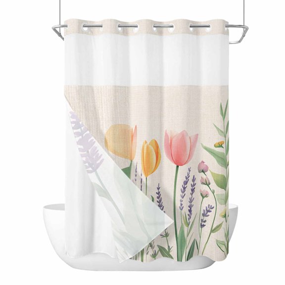 No Hook Shower Curtains with Snap-in Liner Set, Spring Floral Waterproof Hotel Style Bathroom Shower Curtain, Pink Yellow Tulip Botanical Summer Breathable Mesh Top Window Bath Curtains 72''x84''