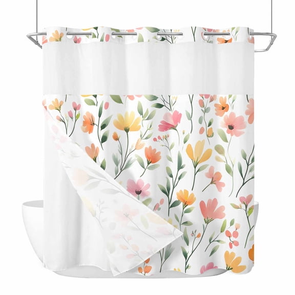 No Hook Shower Curtains with Snap-in Liner Set, Spring Floral Waterproof Hotel Style Bathroom Shower Curtain, Summer Flowers Watercolor Botanical Breathable Mesh Top Window Bath Curtains 72''x78''