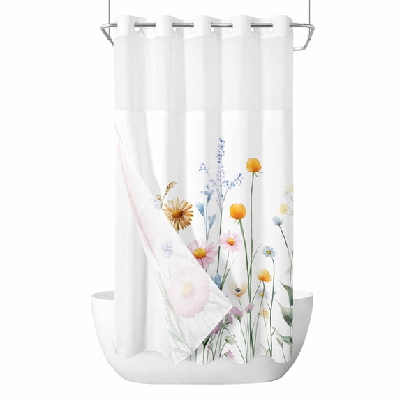 No Hook Shower Curtains with Snap-in Liner Set, Spring Floral Waterproof Hotel Style Bathroom Shower Curtain, Vintage Summer Flower Botanical Breathable Mesh Top Window Bath Curtains 36''x72''