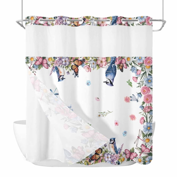 No Hook Shower Curtains with Snap-in Liner Set, Spring Floral Waterproof Hotel Style Bathroom Shower Curtain, Watercolor Flower Butterflies Birds Plant Breathable Mesh Top Bath Curtains 66''x72''