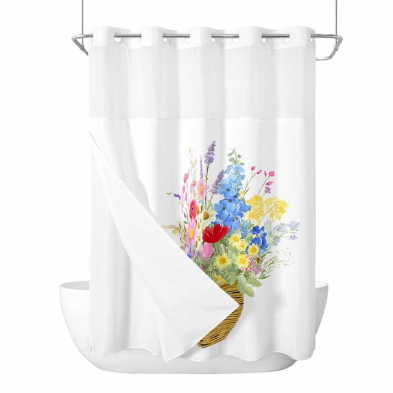No Hook Shower Curtains with Snap-in Liner Set, Spring Flowers Basket Waterproof Hotel Style Bathroom Shower Curtain, Colorful Floral Botanical Leaves Breathable Mesh Top Bath Curtains 60''x72''