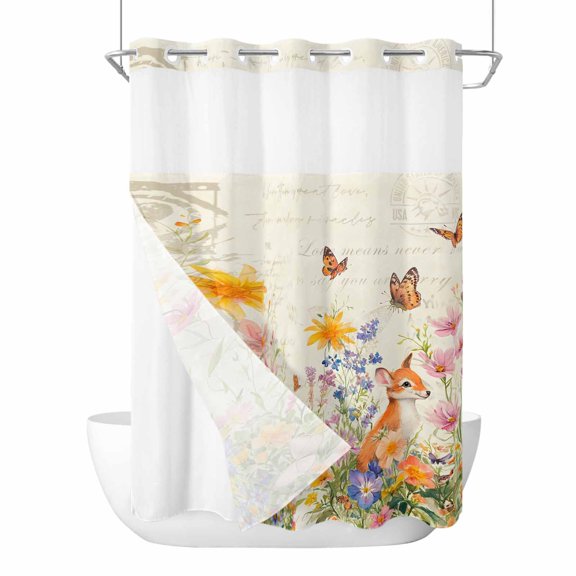 No Hook Shower Curtains with Snap-in Liner Set, Spring Vintage Floral Waterproof Hotel Style Bathroom Shower Curtain, Summer Botanical Butterfly Breathable Mesh Top Window Bath Curtains 60''x72''