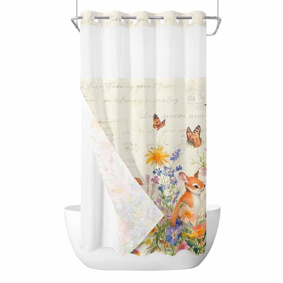 No Hook Shower Curtains with Snap-in Liner Set, Spring Vintage Floral Waterproof Hotel Style Bathroom Shower Curtain, Summer Botanical Butterfly Breathable Mesh Top Window Bath Curtains 36''x72''