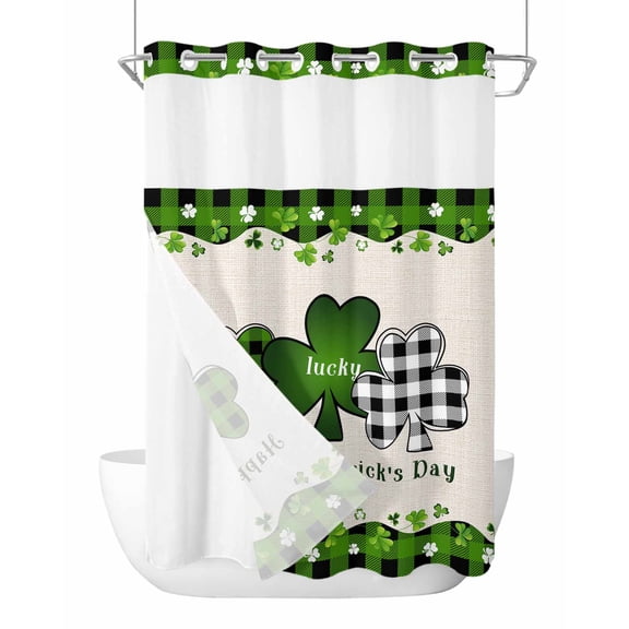 No Hook Shower Curtains with Snap-in Liner Set, St. Patrick's Day Waterproof Hotel Style Bathroom Shower Curtain, Green and Black Checkered Lucky Breathable Mesh Top Window Bath Curtains 72''x84''