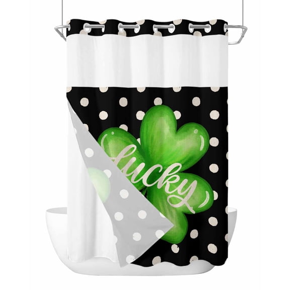 No Hook Shower Curtains with Snap-in Liner Set, St. Patrick's Day Waterproof Hotel Style Bathroom Shower Curtain, Green Lucky Black White Polka Dots Breathable Mesh Top Window Bath Curtains 72''x84''