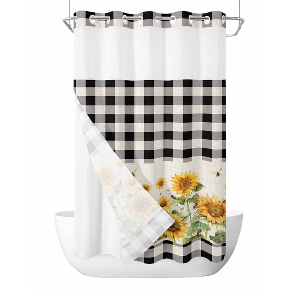 No Hook Shower Curtains with Snap-in Liner Set, Sunflower Waterproof Hotel Style Bathroom Shower Curtain, Retro Buffalo Plaid Black White Country Bee Mesh Top Window Bath Curtains 54''x78''