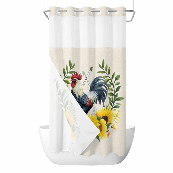 No Hook Shower Curtains with Snap-in Liner Set, Sunflowers Rooster Waterproof Hotel Style Bathroom Shower Curtain, Watercolor Leaves Retro Art Rustic Breathable Mesh Top Bath Curtains 36''x72''