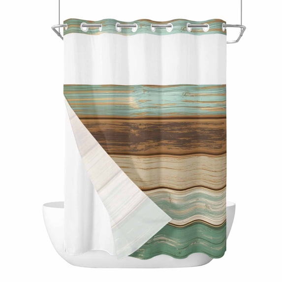 No Hook Shower Curtains with Snap-in Liner Set, Teal Brown Waterproof Hotel Style Bathroom Shower Curtain, Farmhouse Rustic Wooden Plank Board Breathable Mesh Top Window Bath Curtains 60''x72''
