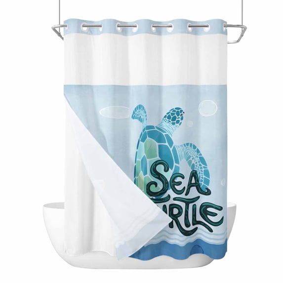No Hook Shower Curtains with Snap-in Liner Set, Teal Sea Turtle Waterproof Hotel Style Bathroom Shower Curtain, Coastal Ocean Summer Ocean Waves Breathable Mesh Top Window Bath Curtains 48''x72''