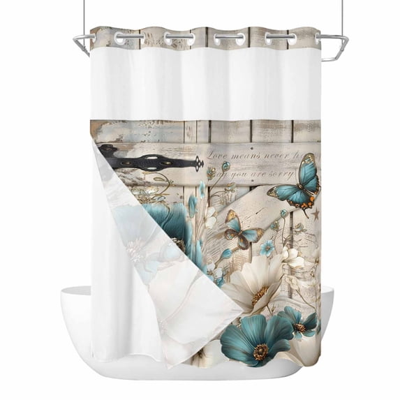 No Hook Shower Curtains with Snap-in Liner Set, Teal Tulip Butterfly Waterproof Hotel Style Bathroom Shower Curtain, Beige Turquoise Floral Farmhouse Wooden Mesh Top Bath Curtains 72''x84''